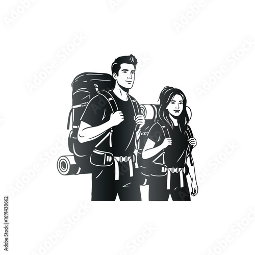 Couple Hiking with Backpacks in Black and White Illustration.