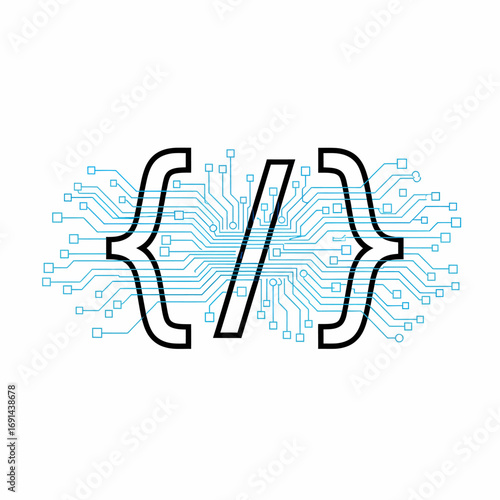 Stylized curly braces enclosing a forward slash, set against a backdrop of glowing blue circuit board lines and nodes, symbolizing programming and digital technology.