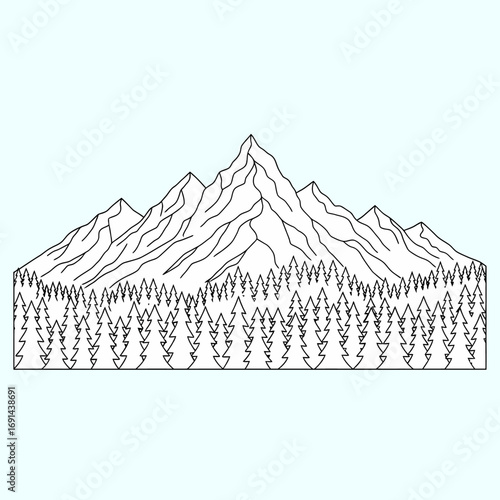 Minimalist line art illustration depicting majestic mountain peaks towering above a dense evergreen forest.
