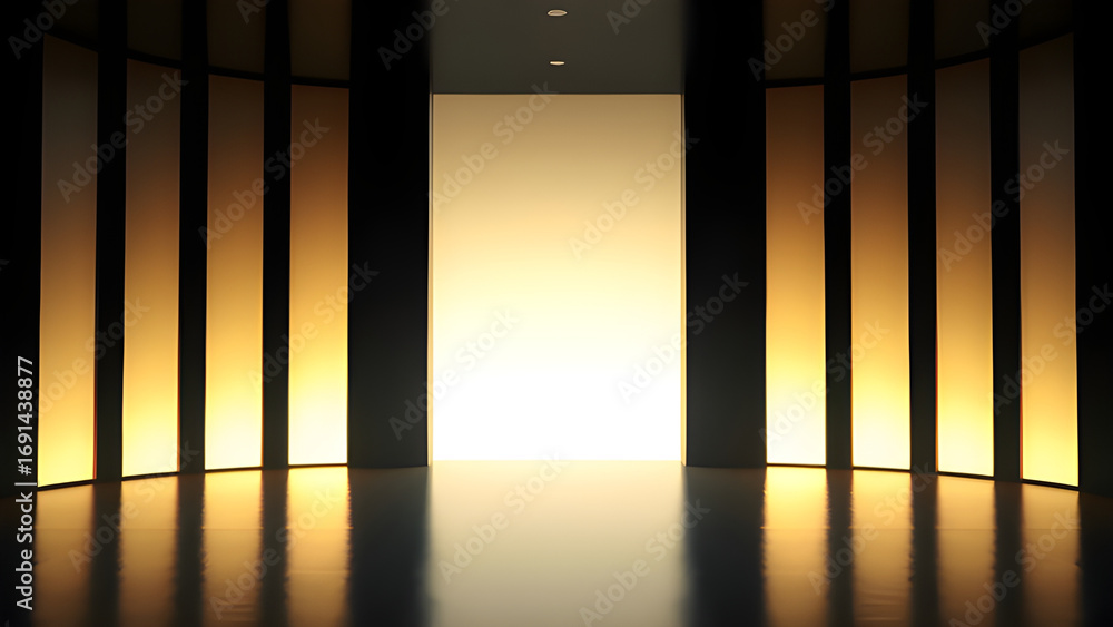 Fototapeta premium A softly lit corridor with dark vertical panels flanking a glowing white wall, creating a serene and modern atmosphere.