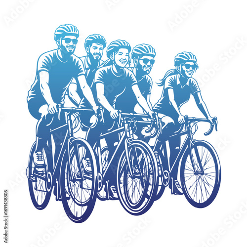 A group of five smiling cyclists riding together in a team.