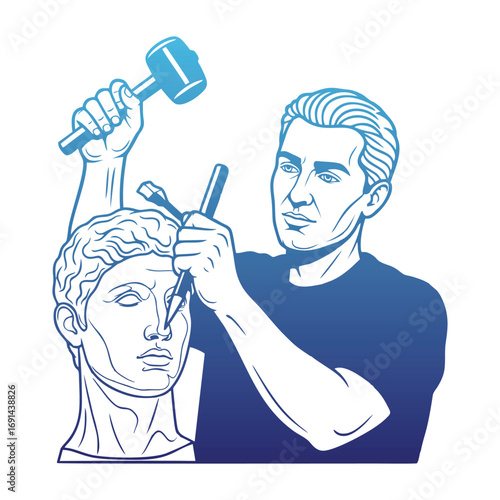 Sculptor meticulously chiseling a marble bust.