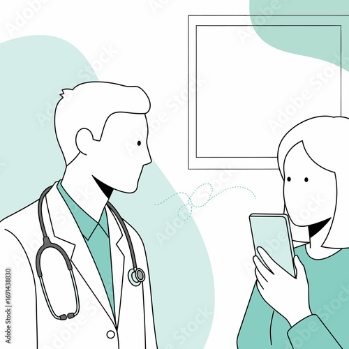 A woman shows her doctor information on a smartphone during a medical consultation in a modern clinic.