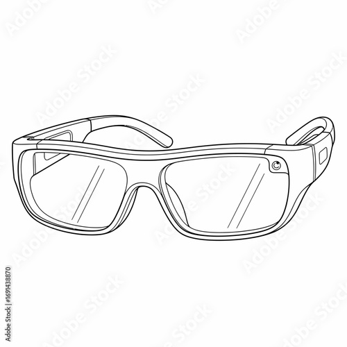 A detailed line drawing illustration of protective safety glasses with clear lenses and a sturdy frame, designed for eye protection.