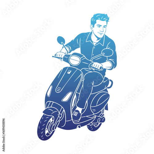 Man joyfully rides a stylish blue scooter on a sunny day.