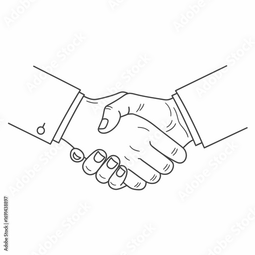 Line drawing depicts two hands clasped in a gesture of agreement and partnership.