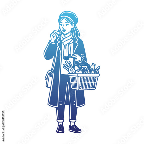 Woman with Shopping Basket Full of Groceries.