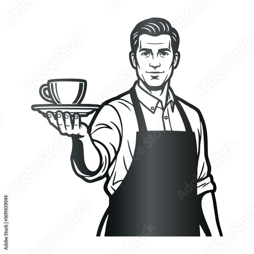 A classic black and white vector illustration of a friendly male barista or waiter serving a fresh cup of coffee