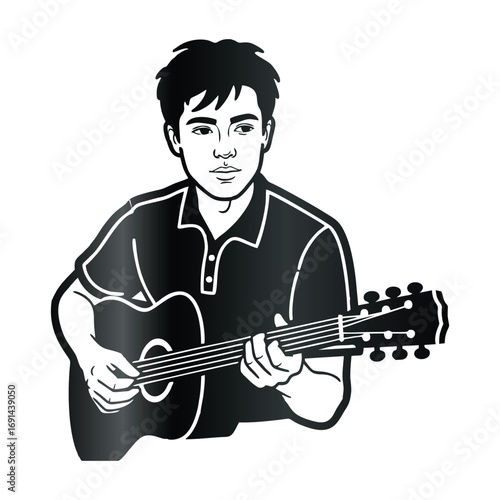 Monochrome vector art of a young musician deeply engrossed in playing an acoustic guitar, a soulful portrait of an artist and their craft