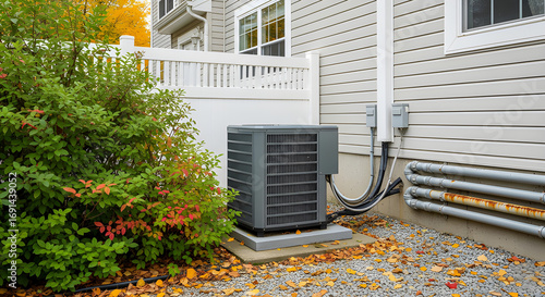 A new air conditioning unit sits outside a home, with electrical wiring and copper pipes connected to the building's exterior. The unit is placed on a concrete pad.