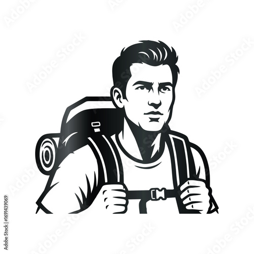 A young man with a backpack hiking in the mountains, viewed from the front