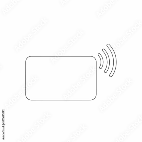 A minimalist line drawing of a contactless card emitting signal waves, indicating wireless communication or payment.