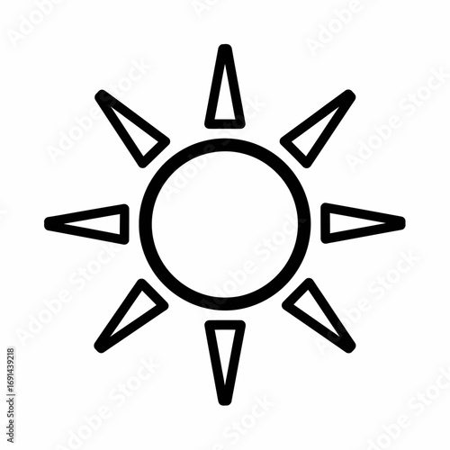 A stylized, minimalist line art illustration of a sun with eight pointed rays emanating from a central circular disc, representing light and warmth.