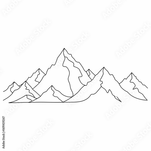 A minimalist black and white line art drawing of a scenic mountain range with sharp peaks.