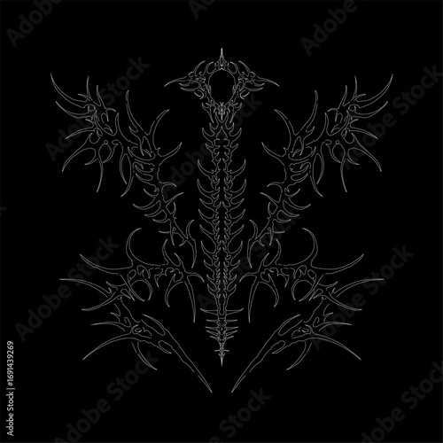 Neo tribal cyber sigilism vector with dark symmetrical spine and abstract ornament, perfect for gothic, fantasy, and tattoo design