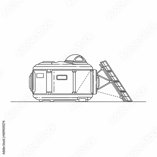 Futuristic space habitat design, showing a compact module with solar panel.