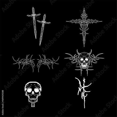 Dark vector set with swords, gothic cross, skull, tribal ornaments, and sigil symbols, perfect for tattoo and metal artwork