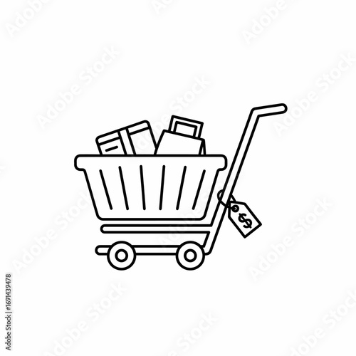 A line art icon of a shopping cart full of purchased goods, including boxes and a bag, with a price tag hanging from the handle.