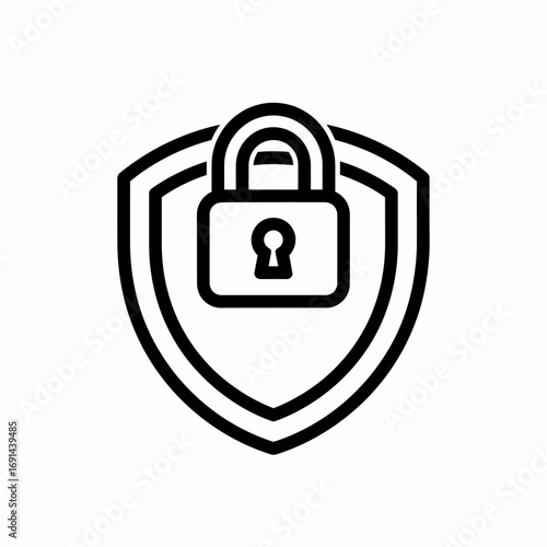 A minimalist black line icon of a closed padlock on a shield, representing security, safety, and digital protection.