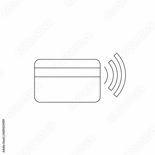 A minimalist line drawing depicts a credit card with radiating signal waves, symbolizing contactless payment technology.