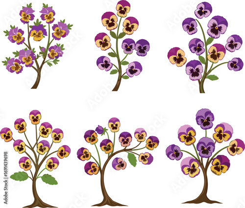 Purple pansy flower tree silhouette, botanical vector illustration, seasonal floral plant design, decorative garden blossom art, spring summer nature clipart, isolated on white background