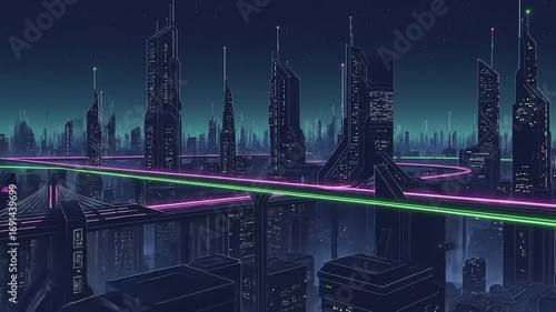 Futuristic cityscape at night with neon lights illuminating towering skyscrapers and elevated roads