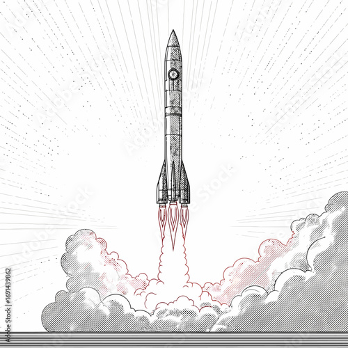 Illustration of a rocket launching into space, with flames and smoke billowing beneath it, against a bright, radiating background.