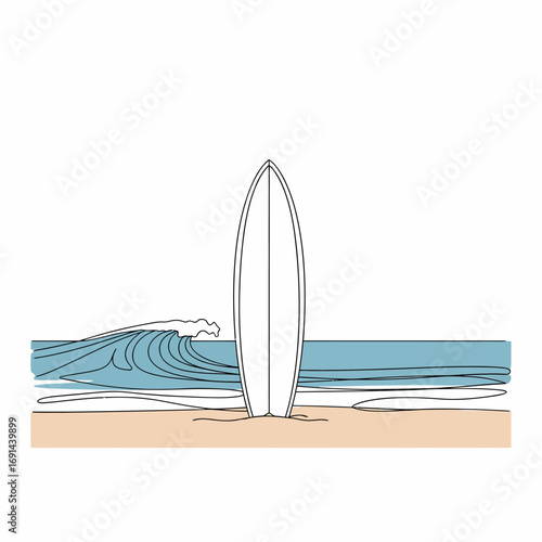 Minimalist illustration of a surfboard standing on a sandy beach with a wave breaking in the background, depicted with simple lines and colors.
