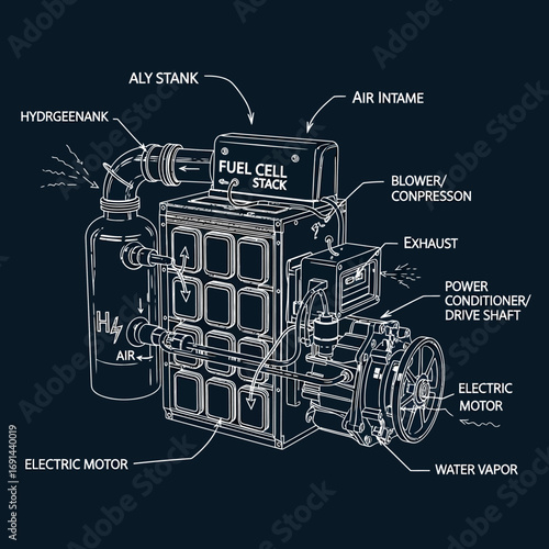 Detailed diagram of a hydrogen fuel cell system, highlighting components and processes.