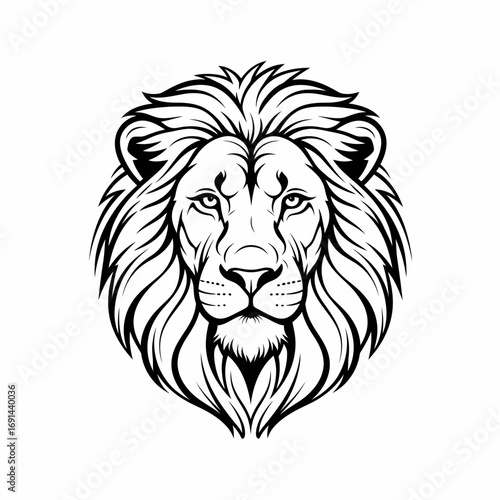 Black and white stylized graphic of a majestic lion's head.