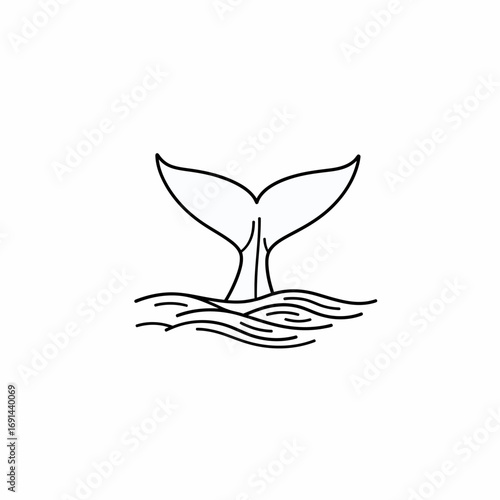 Whale's tail disappearing beneath ocean waves, minimalist line art design.