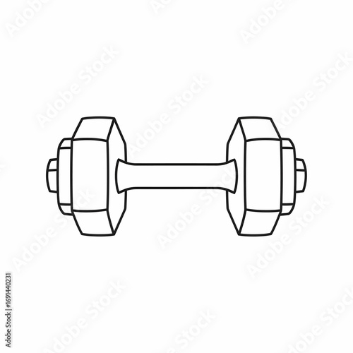 Simple black and white line drawing of a dumbbell, showing its weight plates and handle.