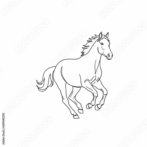 A simple black and white line art illustration of a beautiful horse running or galloping freely.