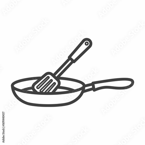 Outline illustration of a frying pan with a spatula inside, suggesting cooking or food preparation.