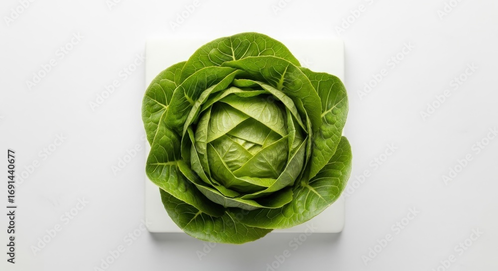 Fototapeta premium Fresh green cabbage displayed on a white cutting board, showcasing its vibrant leaves and texture