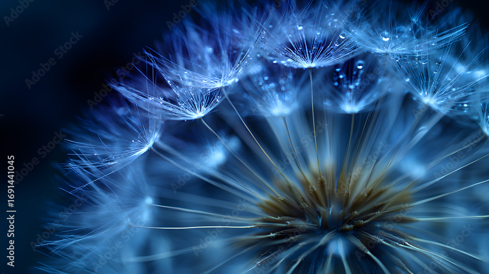 Naklejka premium Close-up Macro Photography: Dew-Kissed Dandelion Seed Head, Blue Toned, Dreamy, Serene, Nature, Botanical, Abstract.