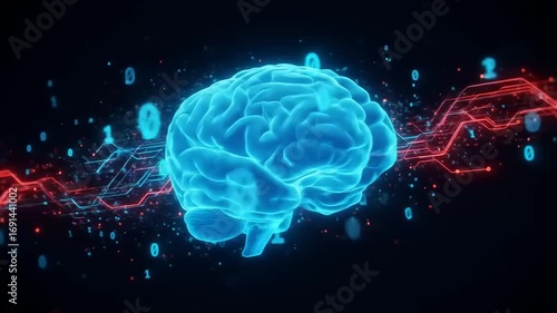 A glowing blue brain with digital binary elements and red waves, symbolizing technology and intelligence