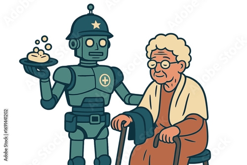 A retro robot, cyborg, android, caregiver, police officer, and soldier designed to care for seniors, communicates with them and assists with hygiene