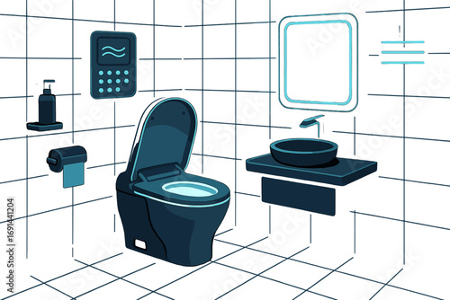 A cyberpunk-inspired bathroom with black tiles, a smart toilet, and cutting‑edge technology