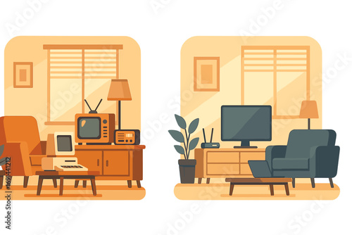 Contrast vintage and contemporary technology in living room arrangements illuminated by warm sunlight, showcasing old versus new