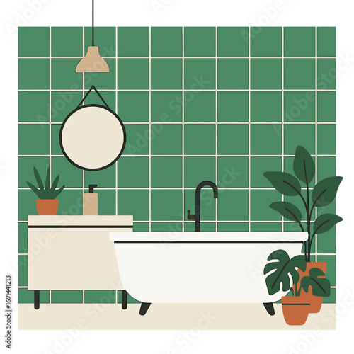 Contemporary bathroom interior featuring green tiles, a white bathtub, and plants