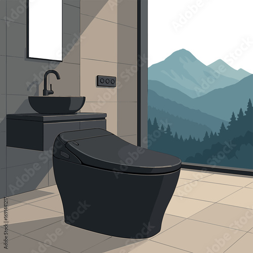 A modern black smart toilet graces a luxurious bathroom overlooking the mountains