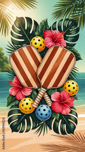 Tropical Beach Pickleball Paddle and Balls with Hibiscus Flowers, Summer Sports Background Illustration
