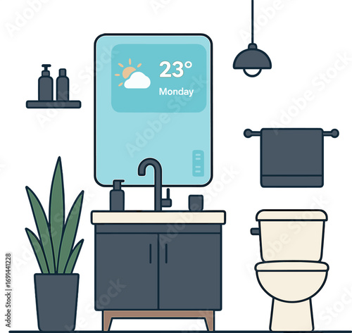 A contemporary bathroom featuring a smart mirror that displays weather and time