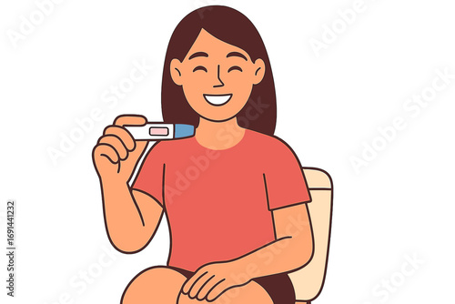 Trim a smiling woman seated in a bathroom while holding a positive pregnancy test