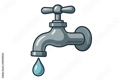 A close-up of a chrome faucet with a single droplet falling, representing water conservation