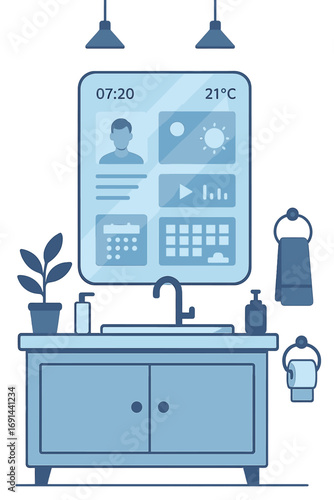 The photo showcases a smart mirror in the bathroom, embodying the spirit of futuristic living