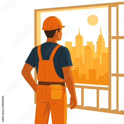 A male construction worker stands in a half‑completed room, gazing at the city skyline through a large window, illuminated by warm sunlight
