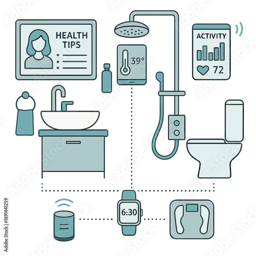 Advanced smart bathroom featuring connected devices that offer health advice and monitor lifestyle