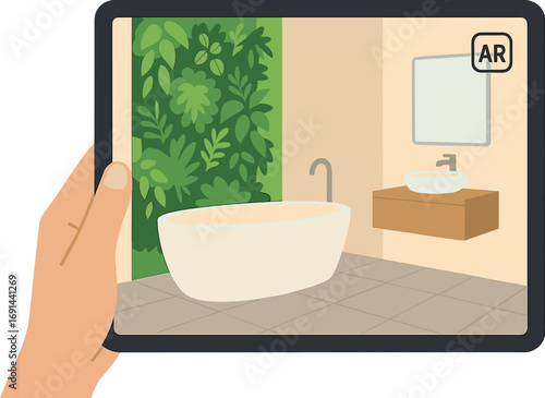 The augmented reality concept features a hand holding a tablet running an AR app that simulates furniture and interior design products inside a real home, such as a bathroom with a vertical garden